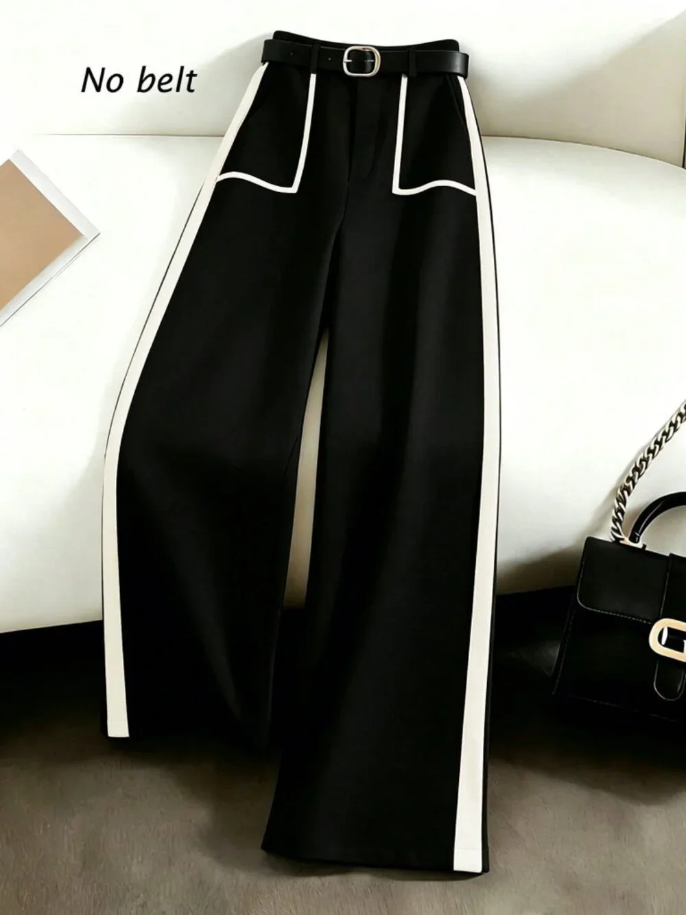 Black Elegant Women's Contrast Piping Elastic Waist Wide Leg Pants_3